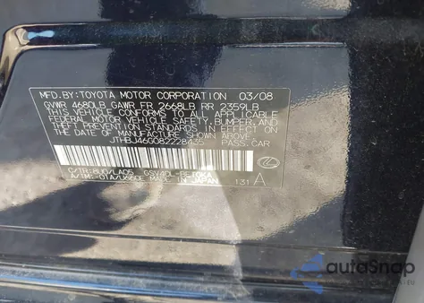 2008 Lexus Es 350 from USA, damaged, VIN JTHBJ46G082228435